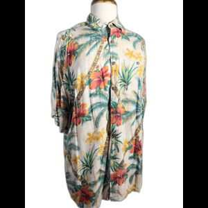 Pierre Cardin Casual Shirt Size L 90's VTG Tropical Beige Floral Normcore